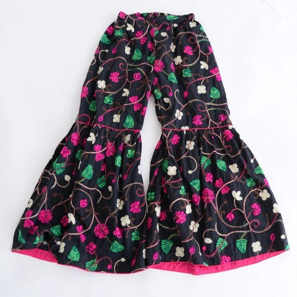 Handmade Black With Neon Pink Floral Bell Bottom Pants Clowncore - Picture 1 of 11